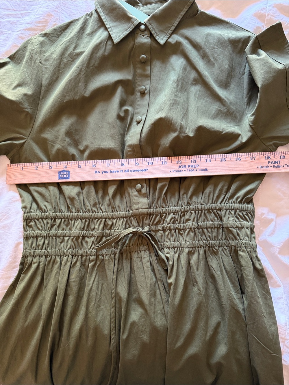 Olive Green Shirt Dress with Drawstring Waist Size L missing button New - Picture 6 of 6